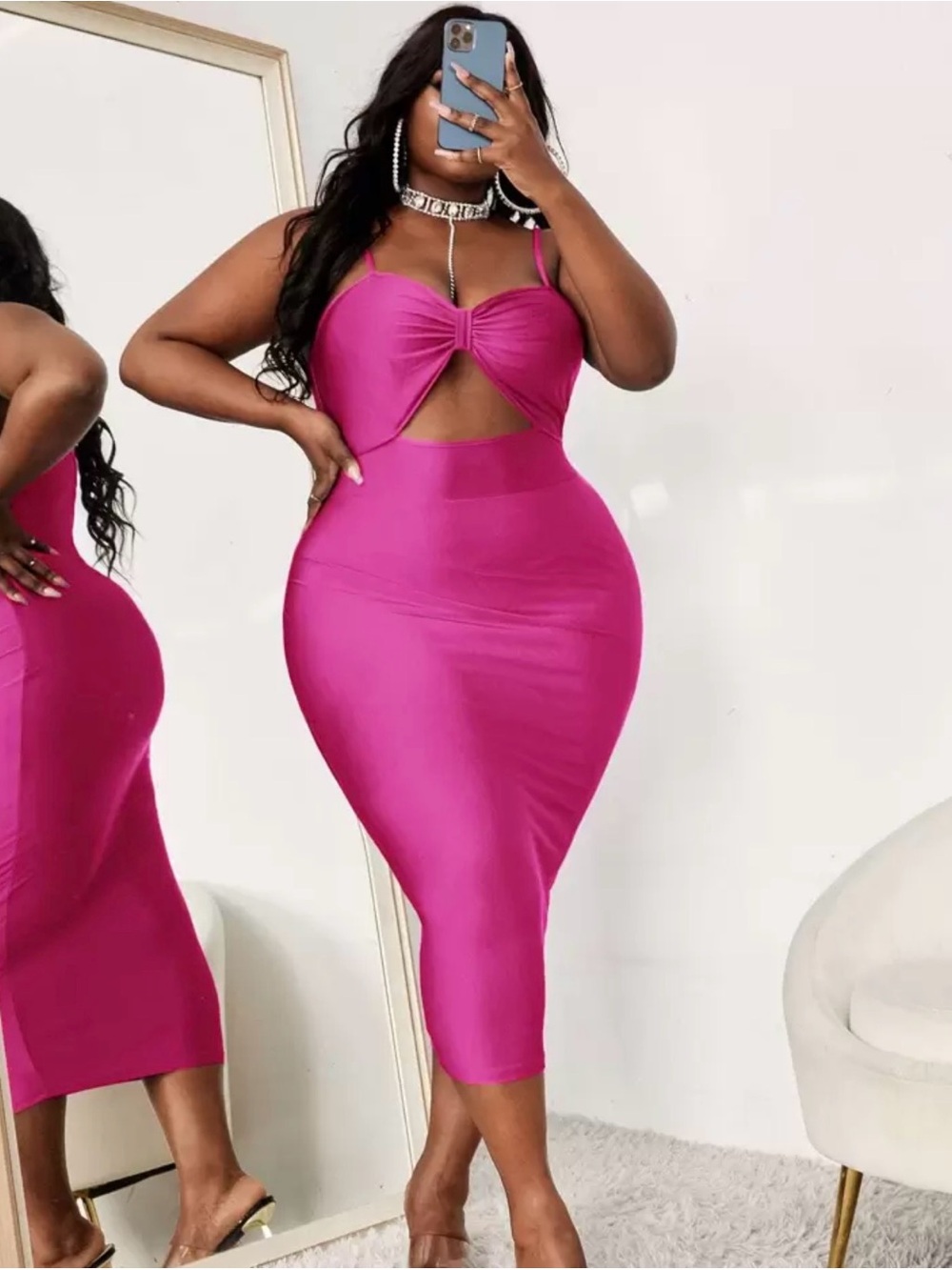 SHEIN Fuchsia Twist Front Cutout Midi Dress